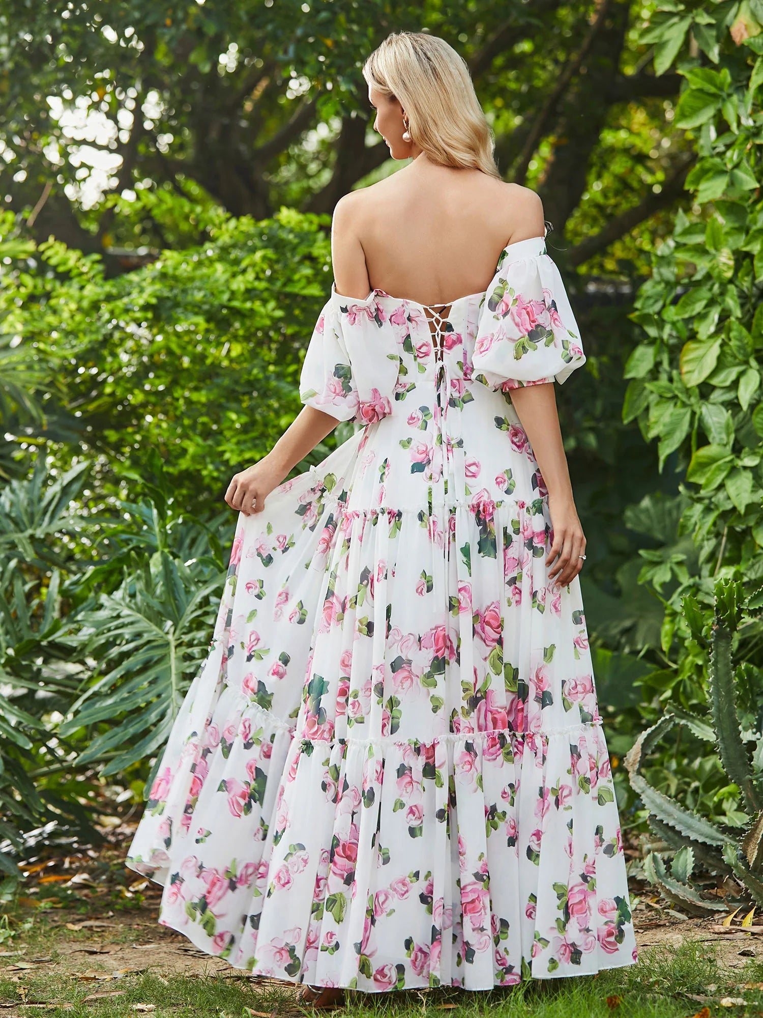 Robe de soirée trapèze en mousseline de soie, épaules dénudées, longueur au sol, imprimé floral, manches mi-longues, motif floral