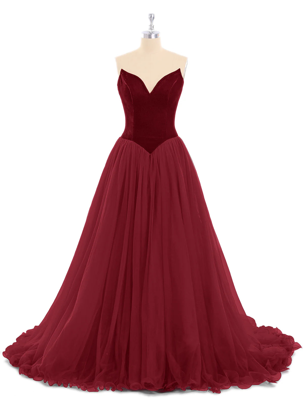 Off-the-Shoulder Floor Length Sweetheart Neck Tulle Evening Dress with Train-Burgundy