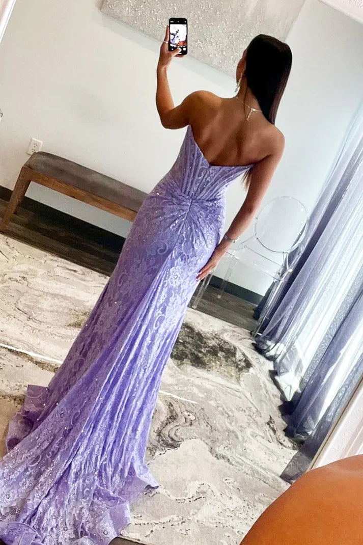Vestidos de fiesta largos de sirena sin tirantes, con encaje lavanda y hombros descubiertos, con apliques de encaje 