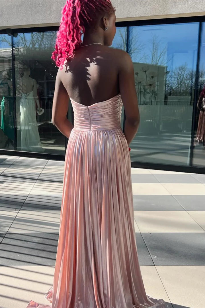 Off-the-Shoulder Metallic Strapless Sleeveless Pleated Gown Prom Dress