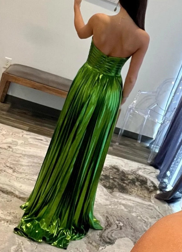 Off-the-Shoulder Metallic Strapless Sleeveless Pleated Gown Prom Dress