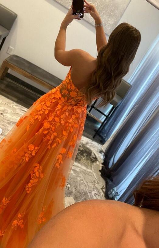 Robe de soirée en dentelle orange à épaules dénudées, décolleté en cœur sexy, longue, avec appliques 