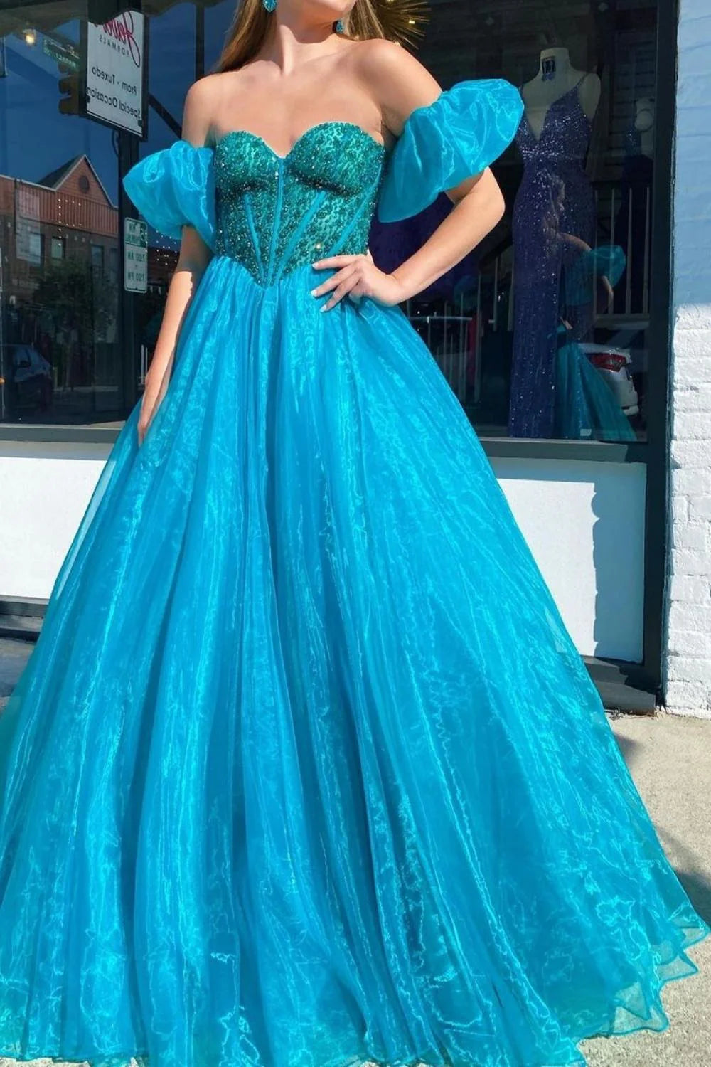 Off-the-Shoulder Princess A Line Sweetheart Corset Prom Dress with Beading