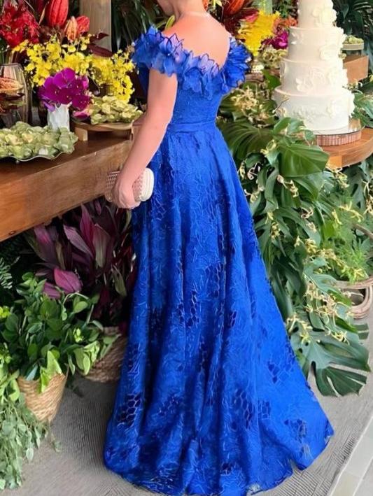 Robe de bal longue en dentelle florale à épaules dénudées pour invité de mariage