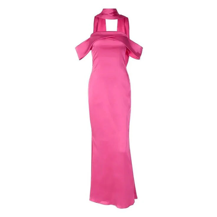 Robe de bal sirène sexy à épaules dénudées et dos nu en satin de soie rose vif 