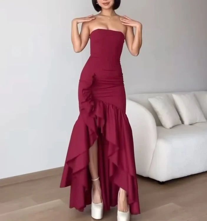 Vestidos de fiesta formales de sirena sin tirantes, de corte alto y bajo