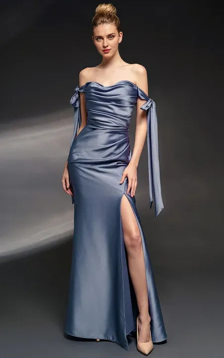 Off-the-shoulder Sweetheart Sheath Front Split Dress with Bows Prom Drerss/Formal Wear Dresses
