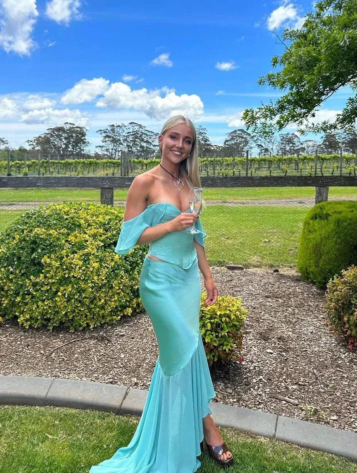 Weitese Dress Prom Dress Stores Blue Off Shoulder 2 Pieces Party Dress Wedding Guest Dress Formal Dresses