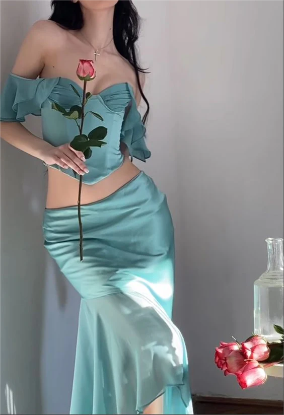 Weitese Dress Prom Dress Stores Blue Off Shoulder 2 Pieces Party Dress Wedding Guest Dress Formal Dresses