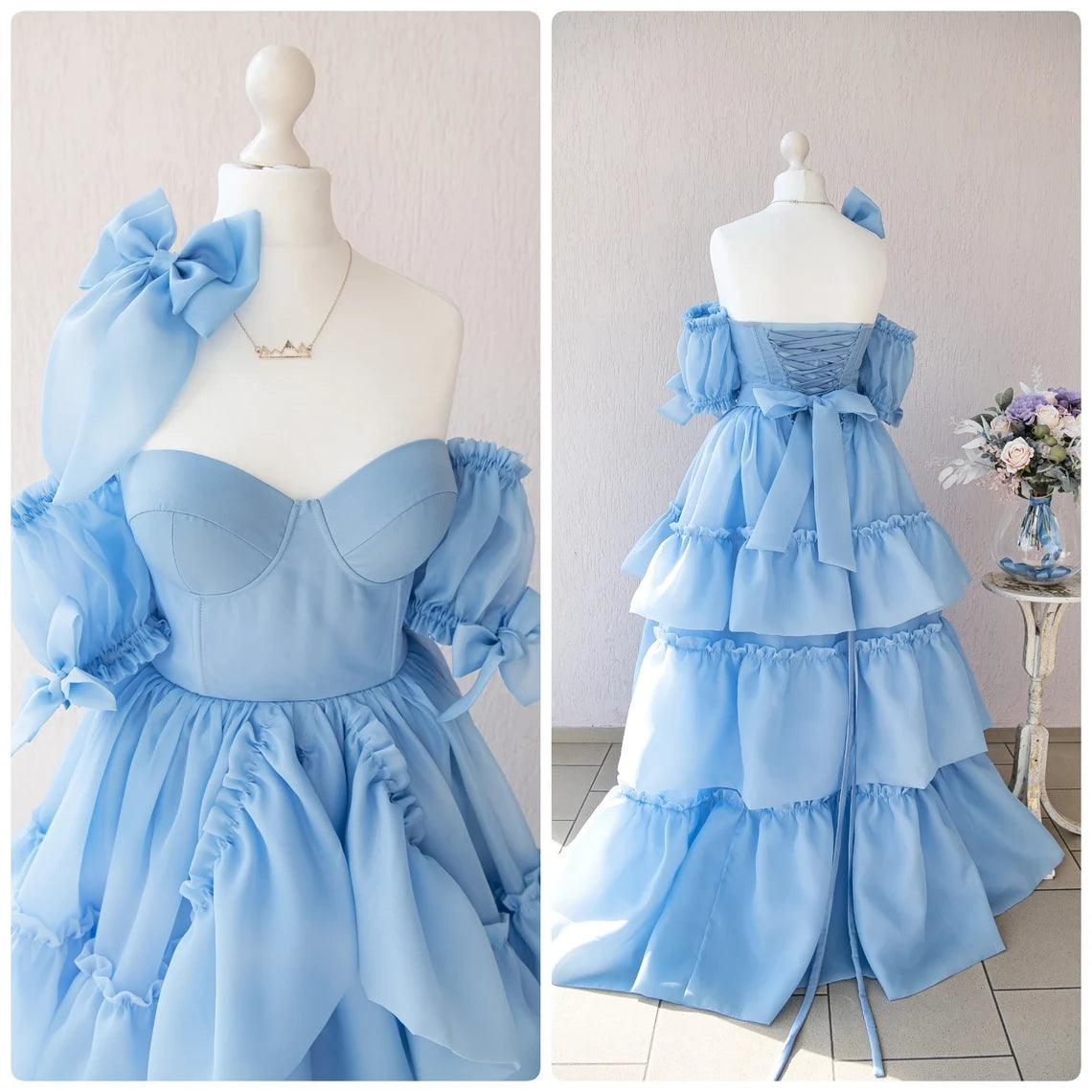 Robe de bal trapèze à épaules dénudées, longueur au sol, manches courtes, volants étagés, décolleté en cœur 