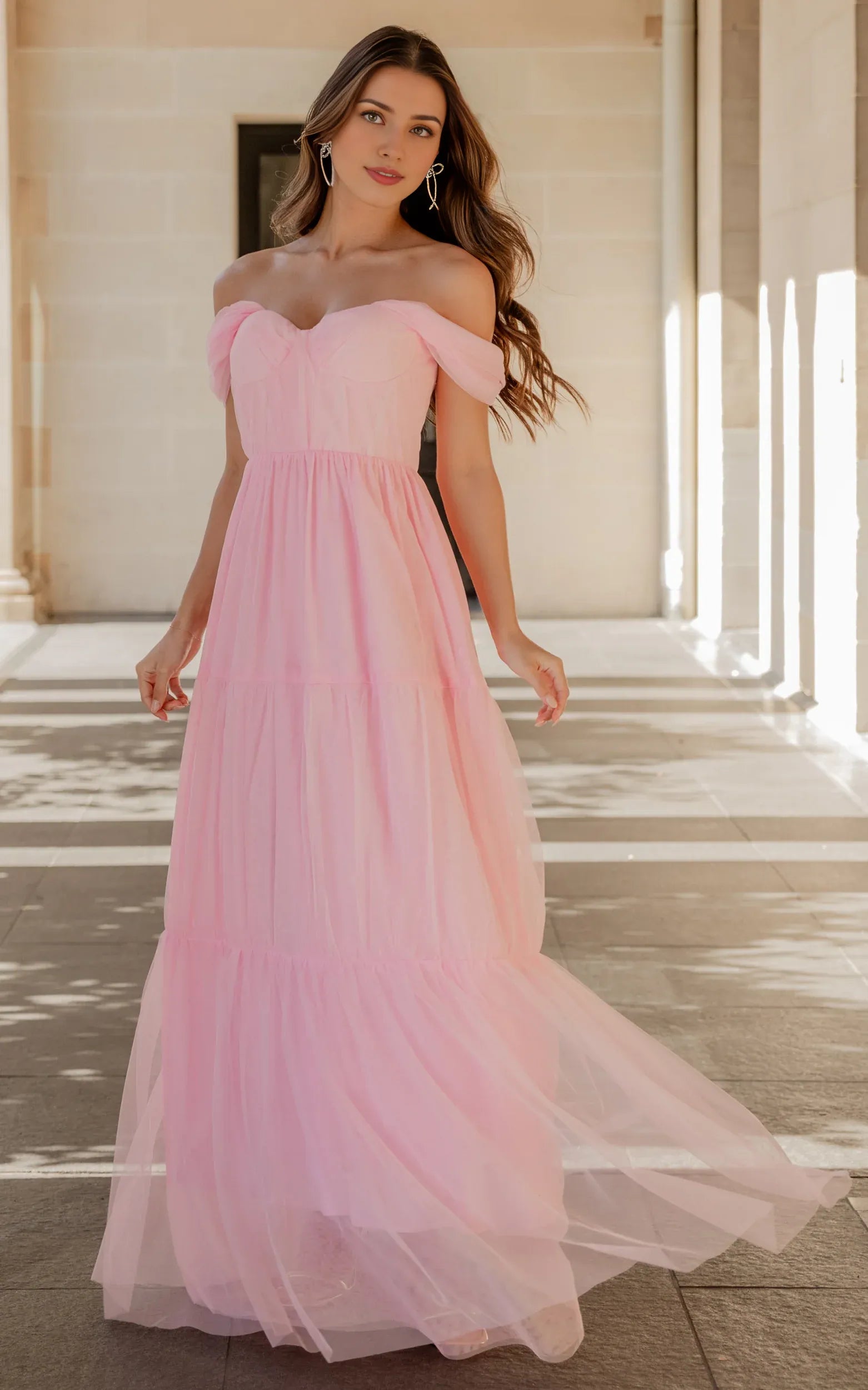 Off Shoulder Corset Bodice Tulle Floor-Length Dress Pink A-Line Sleeveless Elegant Zipper Up Evening Dress