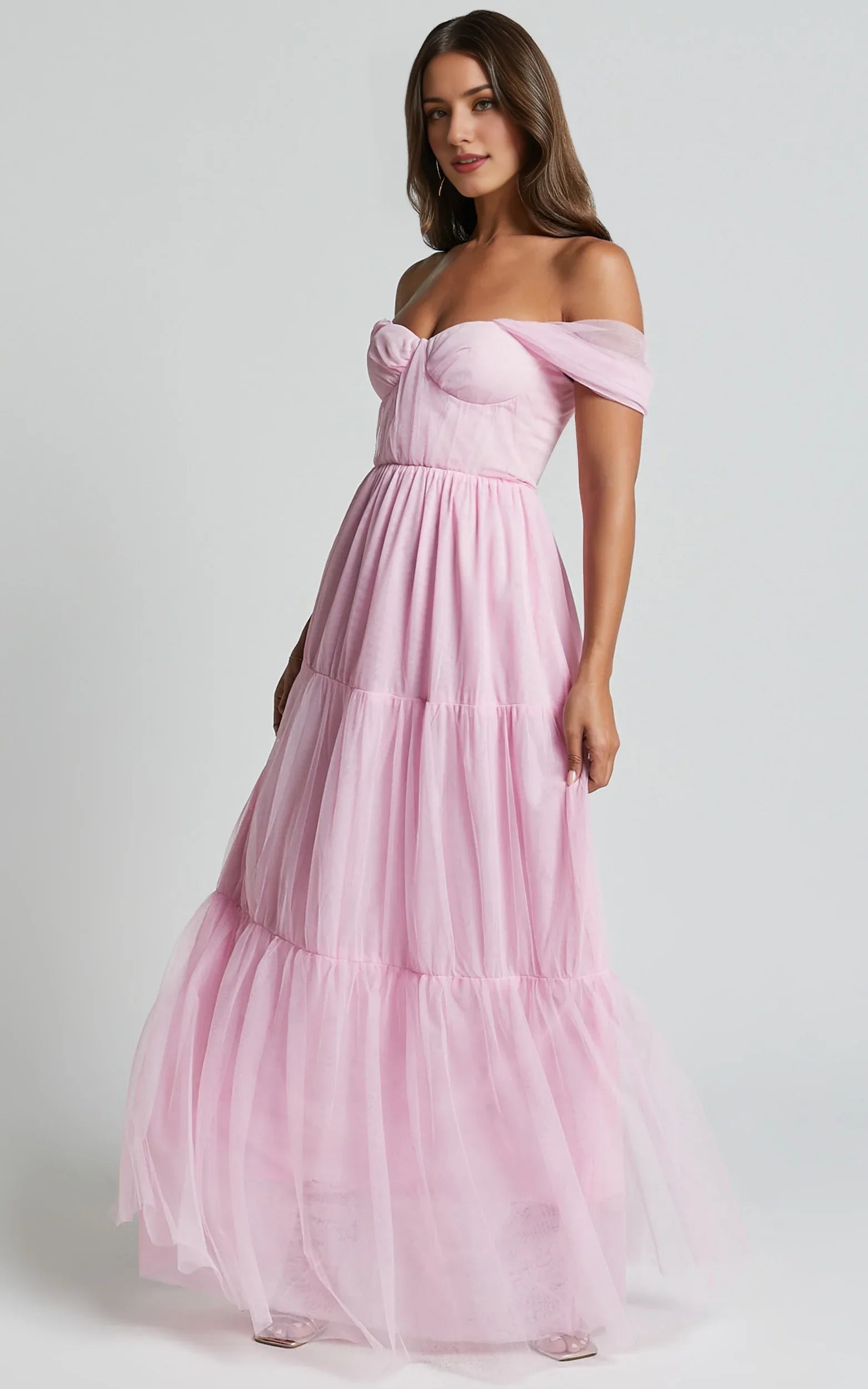 Off Shoulder Corset Bodice Tulle Floor-Length Dress Pink A-Line Sleeveless Elegant Zipper Up Evening Dress