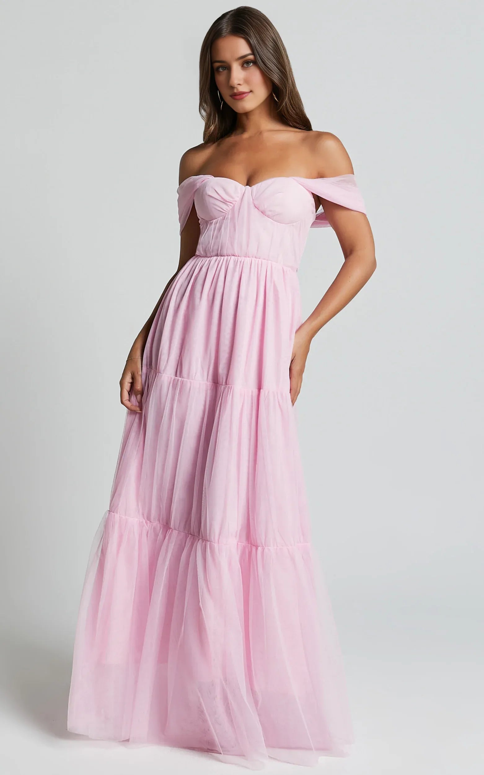 Off Shoulder Corset Bodice Tulle Floor-Length Dress Pink A-Line Sleeveless Elegant Zipper Up Evening Dress