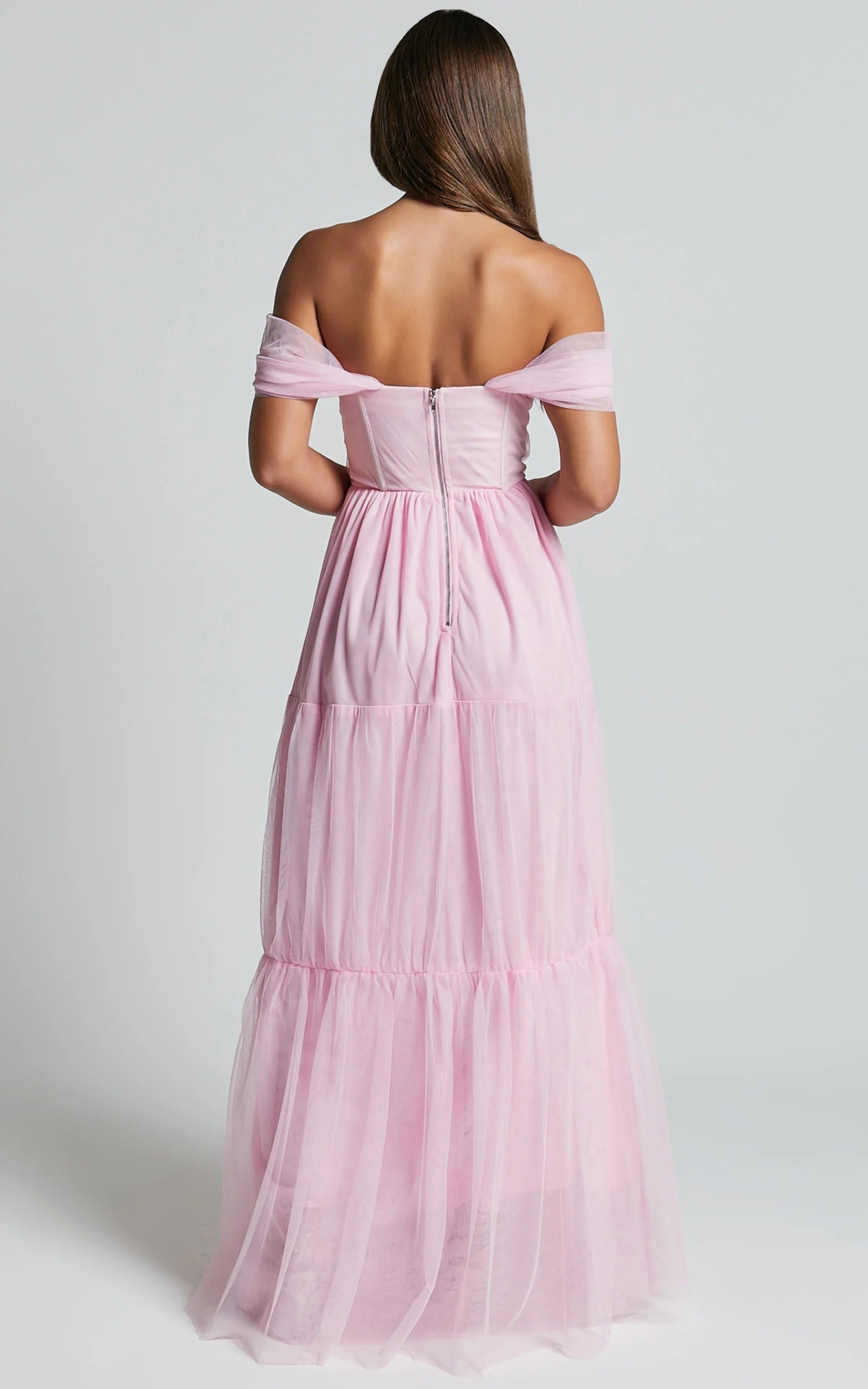 Off Shoulder Corset Bodice Tulle Floor-Length Dress Pink A-Line Sleeveless Elegant Zipper Up Evening Dress