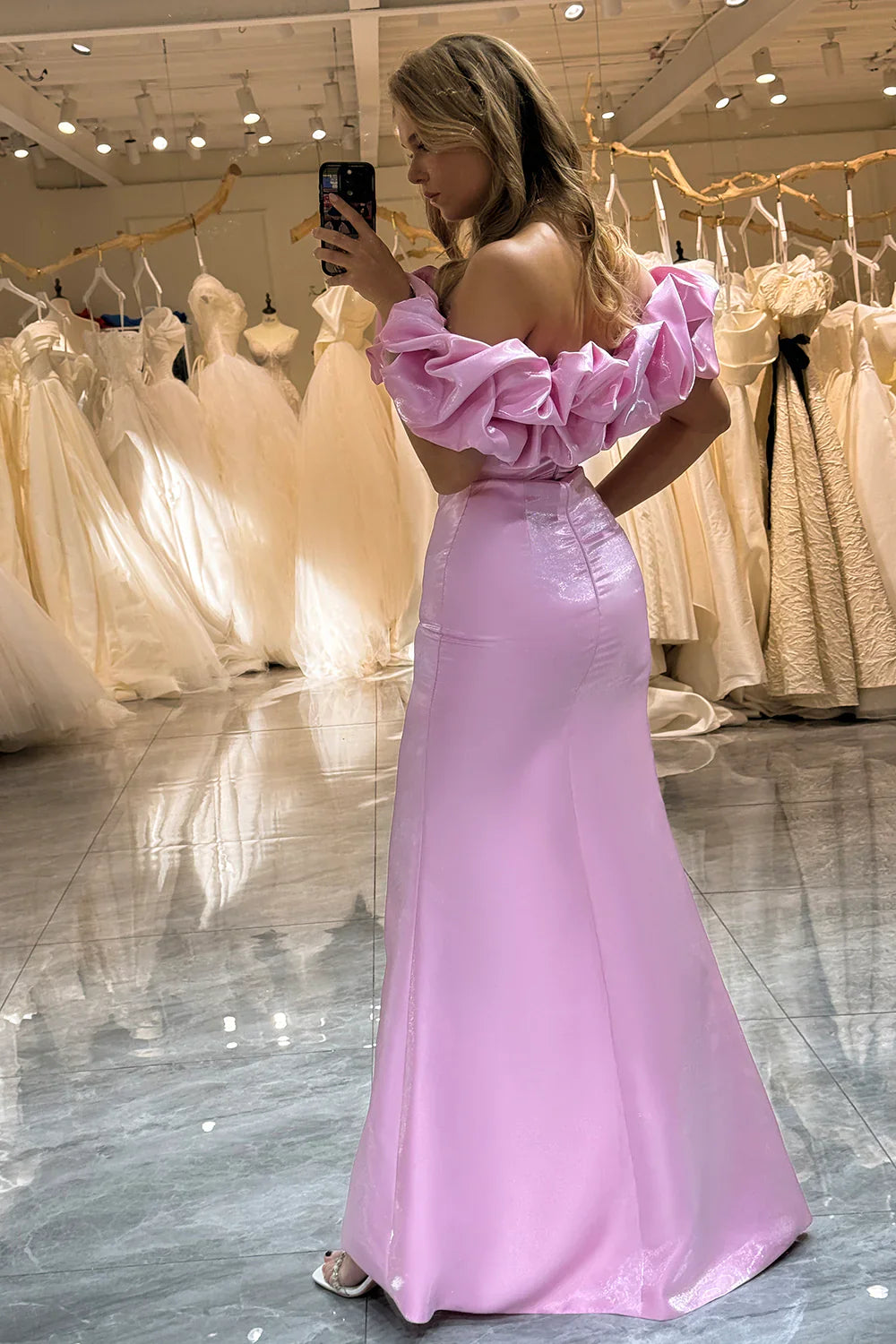 Weitese Formal Women's Dresses Chic Pink Off Shoulder Long Prom Dress with Slit Prom Dress Stores