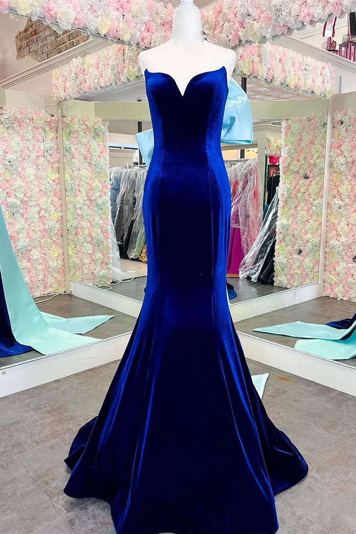 Off Shoulder Royal Blue Velvet Strapless Bow-Back Mermaid Long Prom Dress