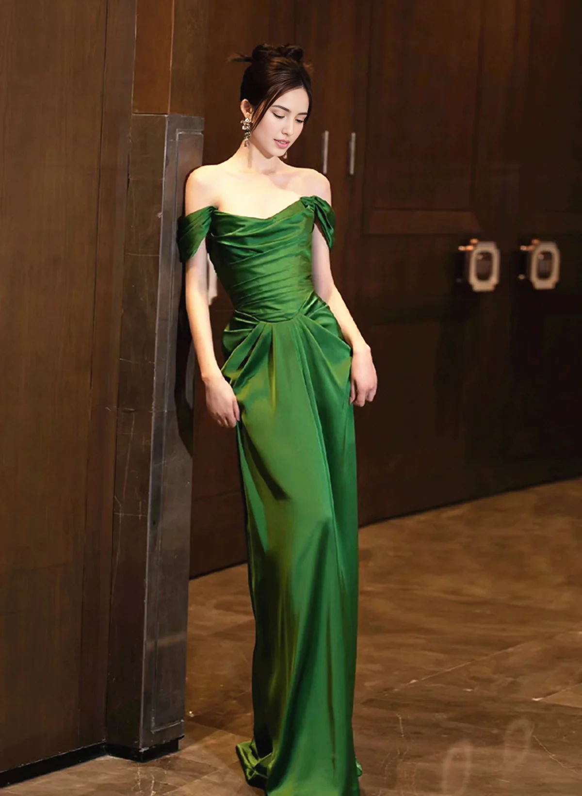 Robe de bal Weitese, robe de soirée longue en satin vert à épaules dénudées, robe de soirée formelle 