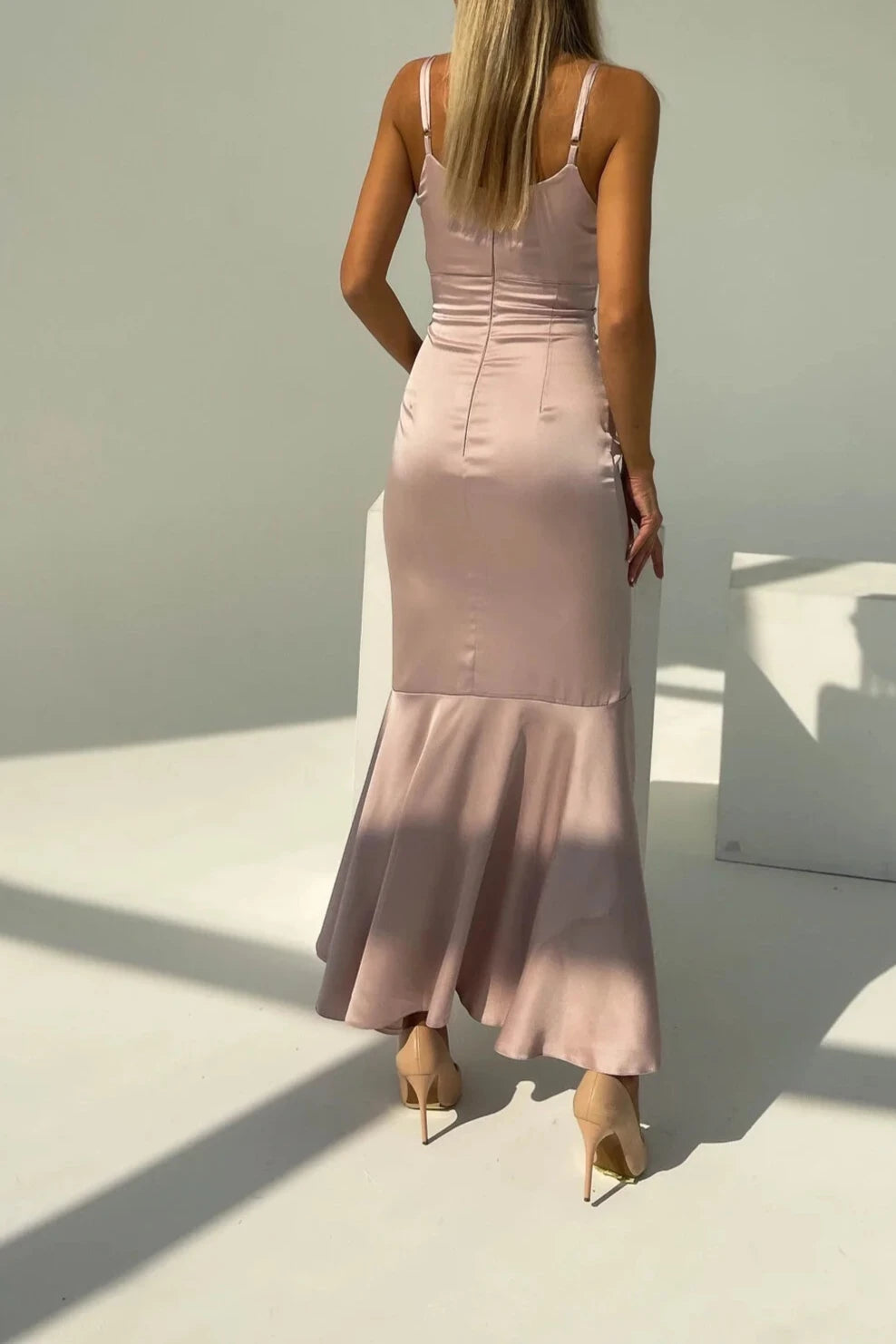 Off Shoulder Spaghetti Straps Satin V-neck Slip Sleeveless Mermaid Party Dress