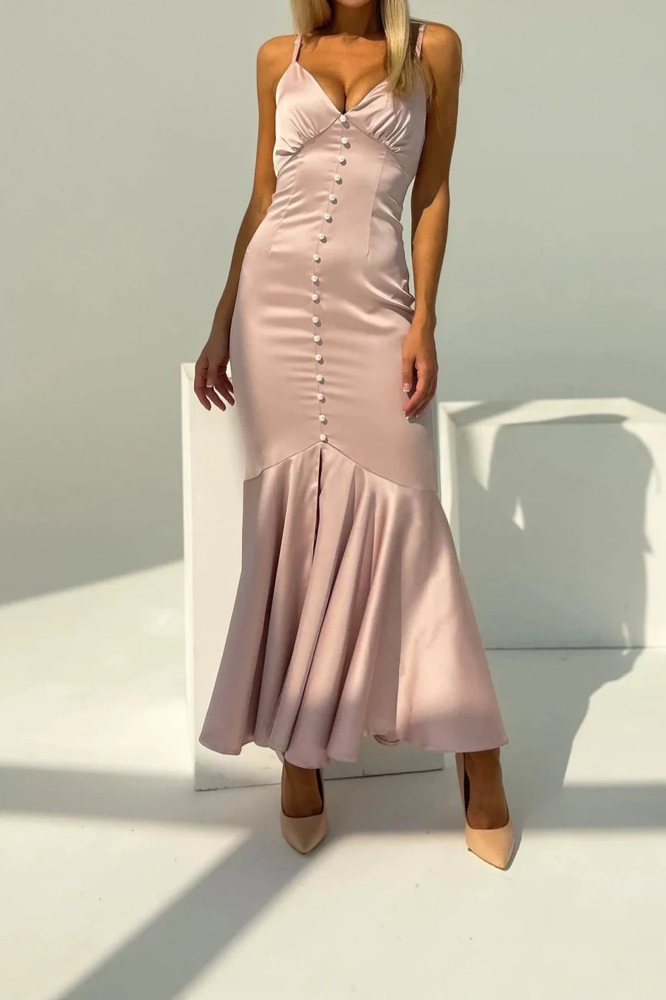 Off Shoulder Spaghetti Straps Satin V-neck Slip Sleeveless Mermaid Party Dress