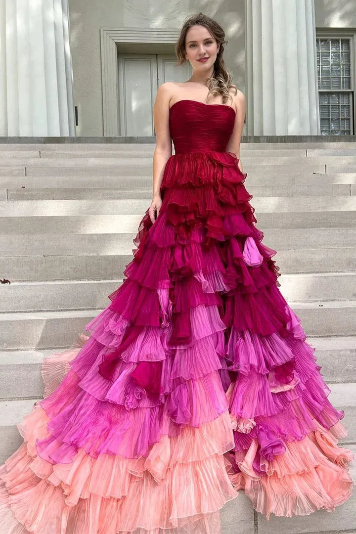Off Shoulder Strapless Ruffle Tiered Floor Length Prom Dress