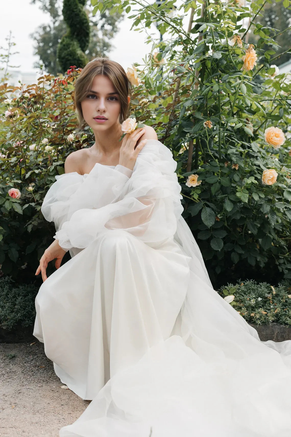 Off Shoulder Wedding Dress Air Wedding Dress Long Train Wedding Dress Romantic Wedding Dress Floor Length Long Sleeves