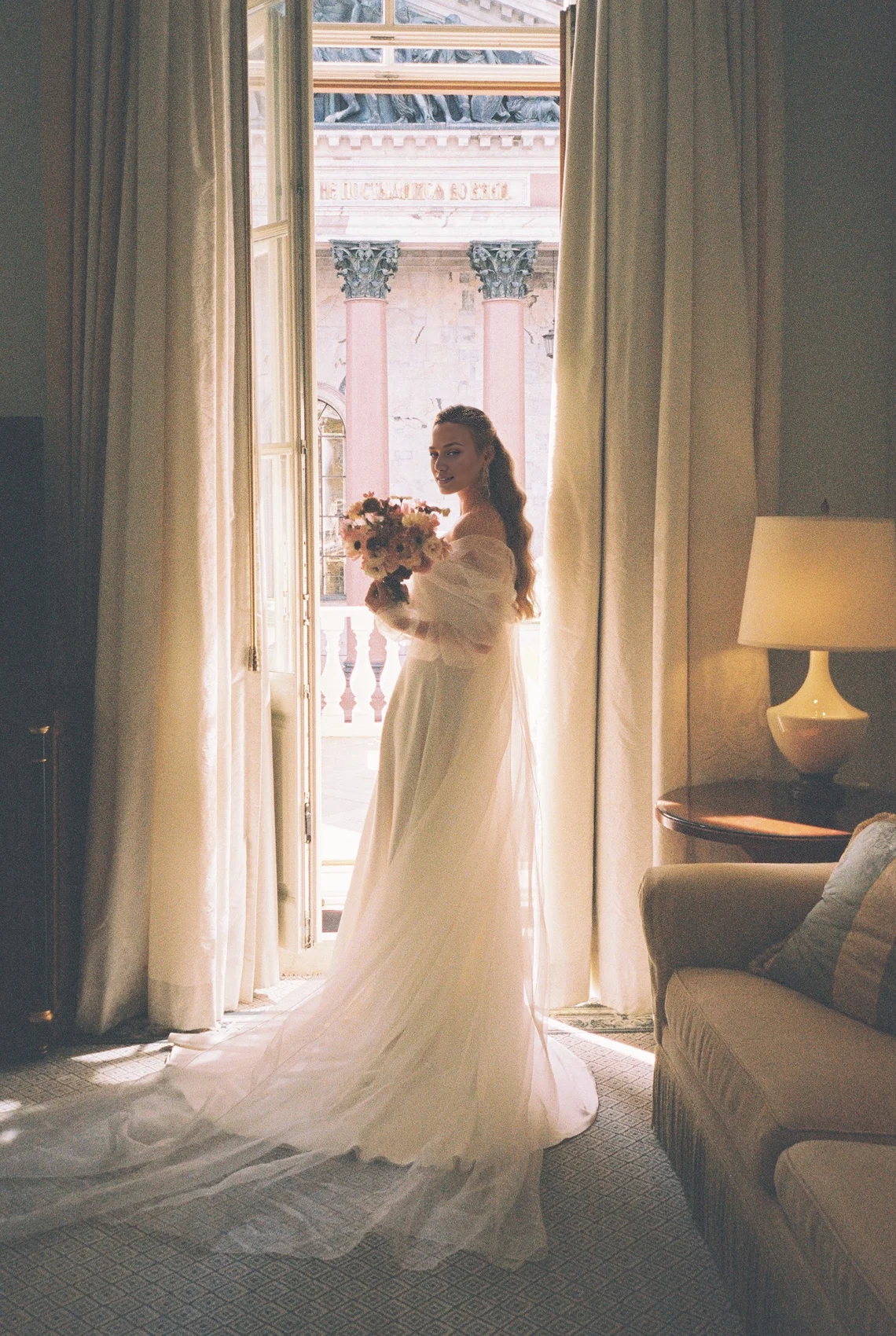 Off Shoulder Wedding Dress Air Wedding Dress Long Train Wedding Dress Romantic Wedding Dress Floor Length Long Sleeves