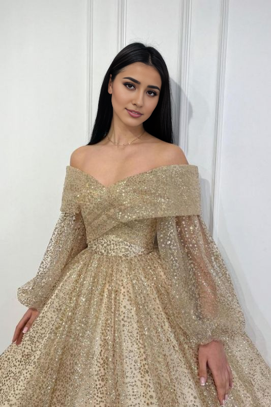 Off Shoulder Long Sleeves Glitter Ankle Length Party  Prom Dresses