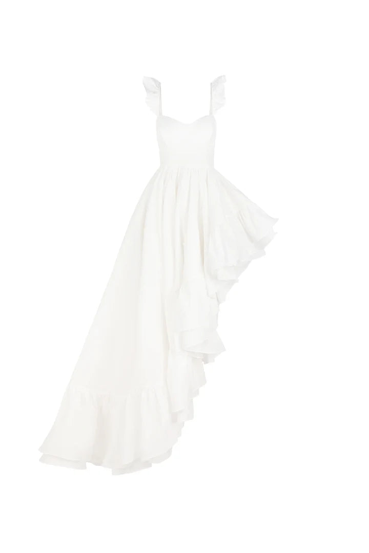 White Off Shoulder Ruffle Edge High And Low Side Elegant Dance Party Dress