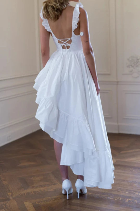 White Off Shoulder Ruffle Edge High And Low Side Elegant Dance Party Dress