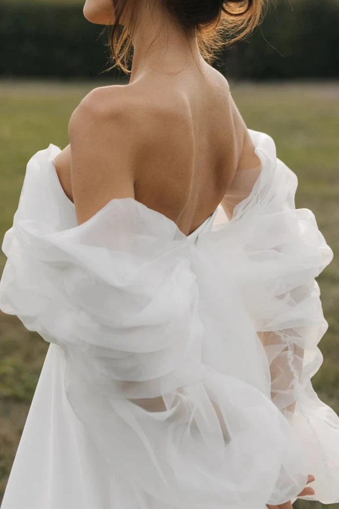 Off Shoulder Wedding Dress Air Wedding Dress Long Train Wedding Dress Romantic Wedding Dress Floor Length Long Sleeves