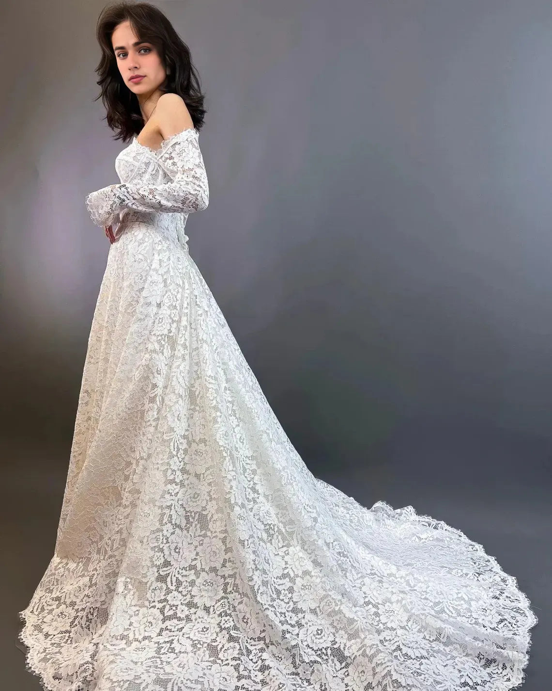 Off the Shoulder Lace A-Line Wedding Dress All Floral Lace Wedding Dress Fairytale Romantic Bridal Lace Gown Long Lace Sleeves Bridal With Train