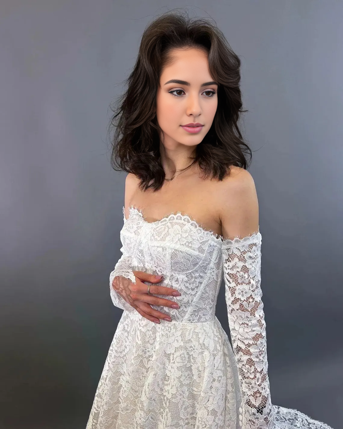 Off the Shoulder Lace A-Line Wedding Dress All Floral Lace Wedding Dress Fairytale Romantic Bridal Lace Gown Long Lace Sleeves Bridal With Train