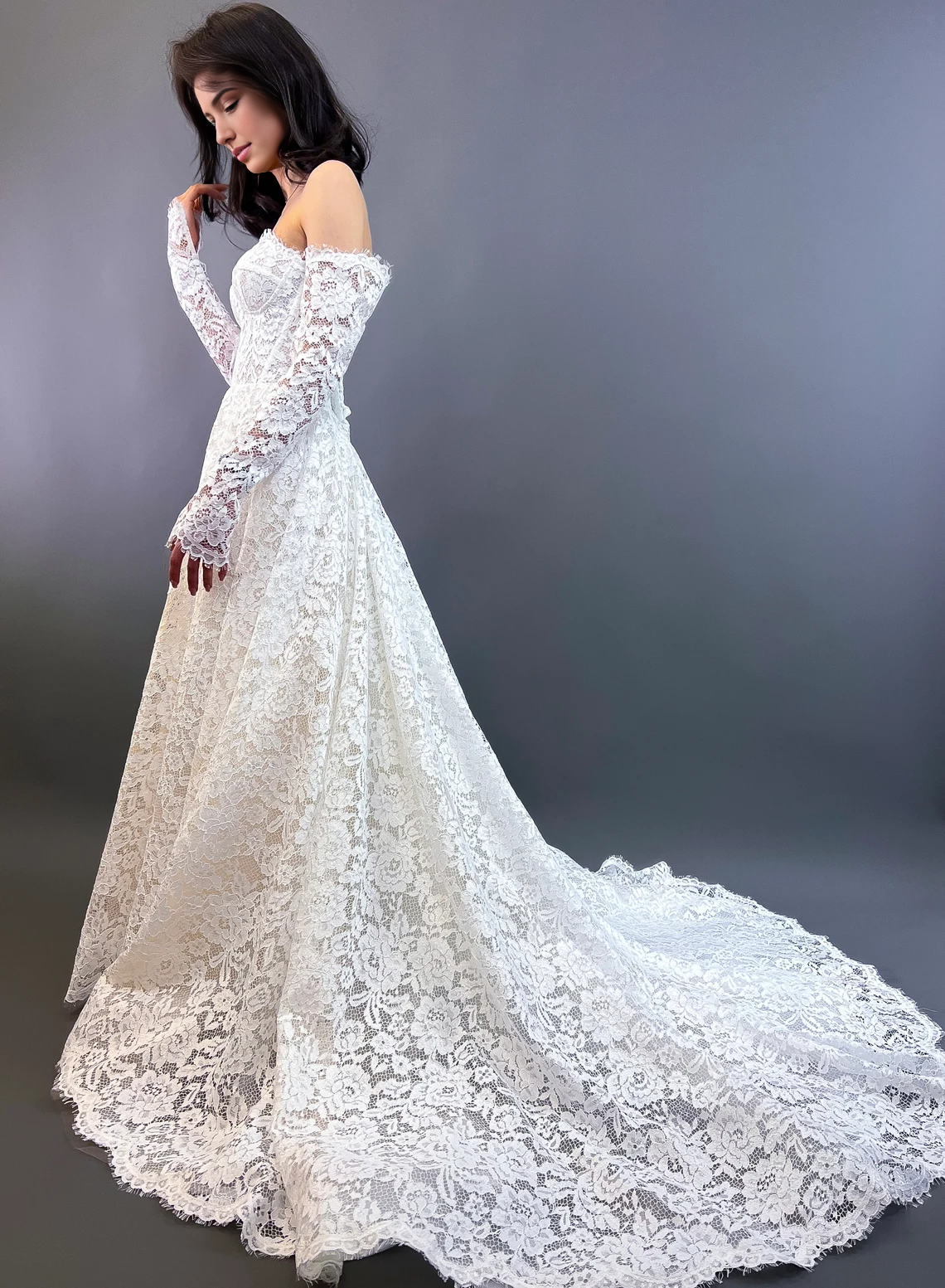 Off the Shoulder Lace A-Line Wedding Dress All Floral Lace Wedding Dress Fairytale Romantic Bridal Lace Gown Long Lace Sleeves Bridal With Train