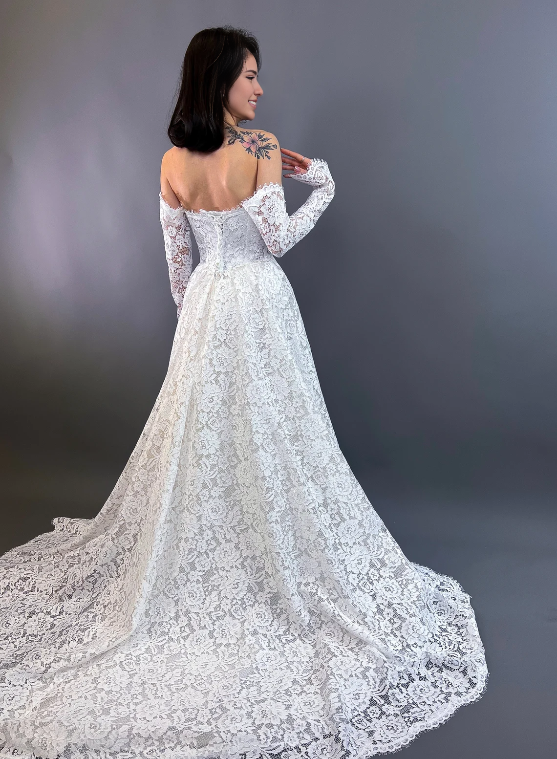 Off the Shoulder Lace A-Line Wedding Dress All Floral Lace Wedding Dress Fairytale Romantic Bridal Lace Gown Long Lace Sleeves Bridal With Train