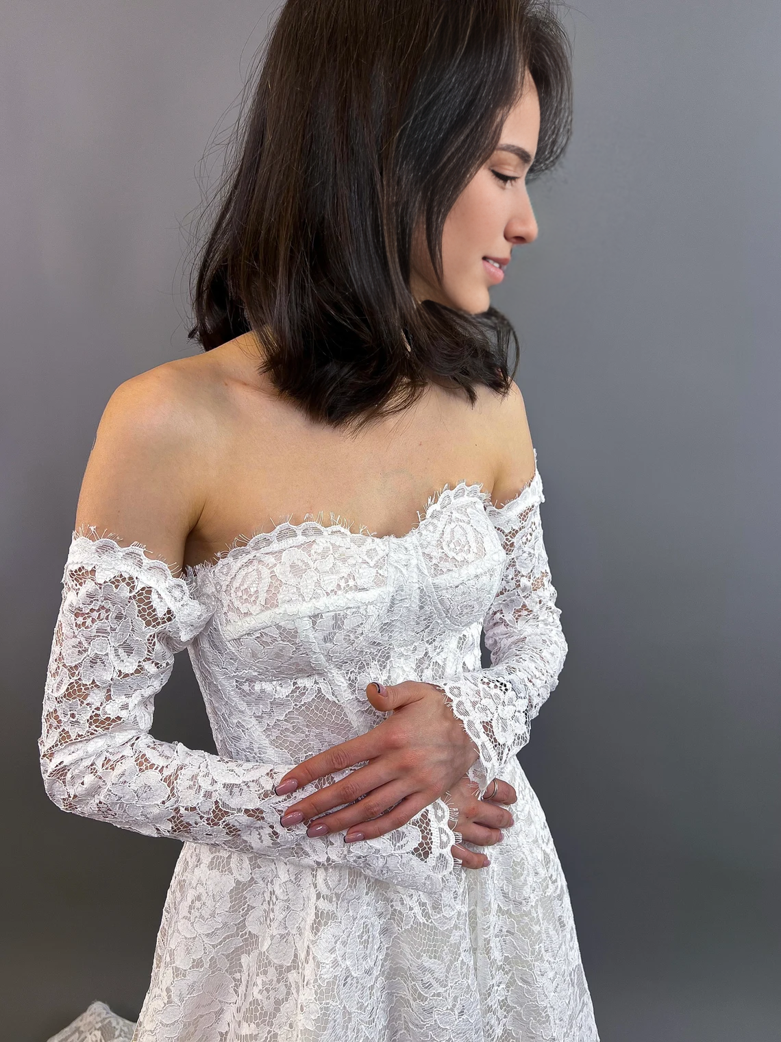 Off the Shoulder Lace A-Line Wedding Dress All Floral Lace Wedding Dress Fairytale Romantic Bridal Lace Gown Long Lace Sleeves Bridal With Train