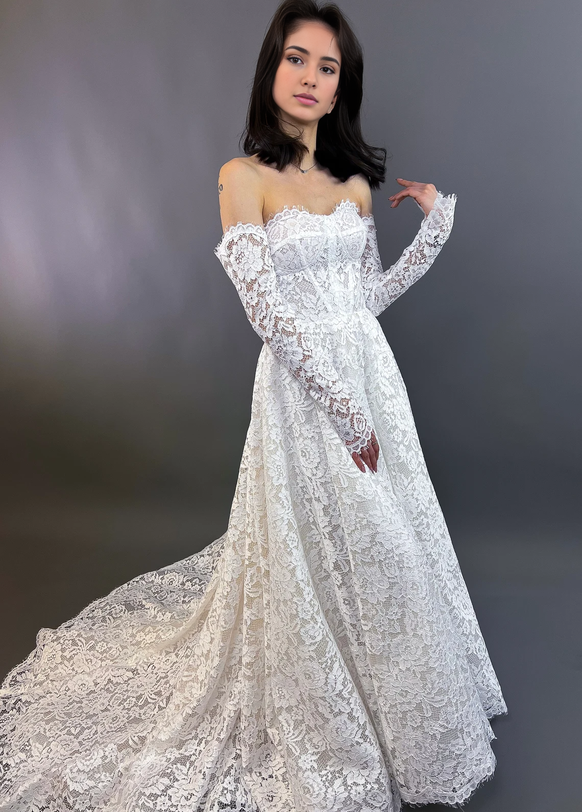Off the Shoulder Lace A-Line Wedding Dress All Floral Lace Wedding Dress Fairytale Romantic Bridal Lace Gown Long Lace Sleeves Bridal With Train