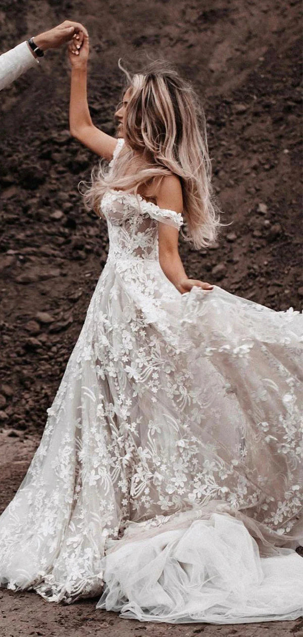 Off the Shoulder A Line Sleeveless Tulle Floral Lace Beach Wedding Dresses