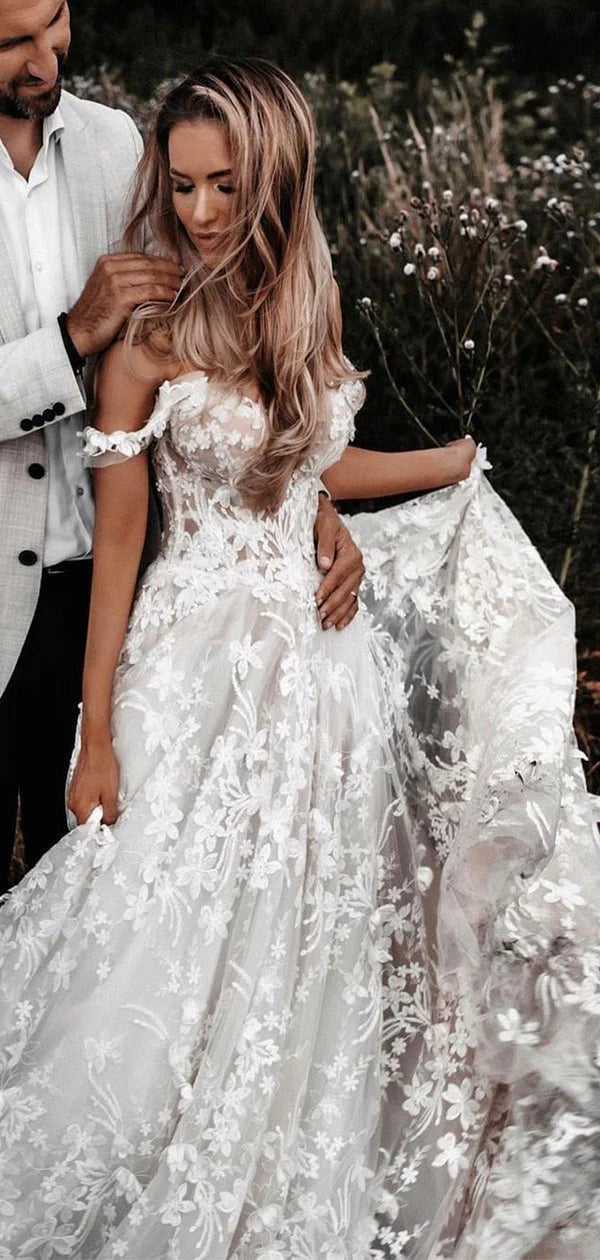 Off the Shoulder A Line Sleeveless Tulle Floral Lace Beach Wedding Dresses