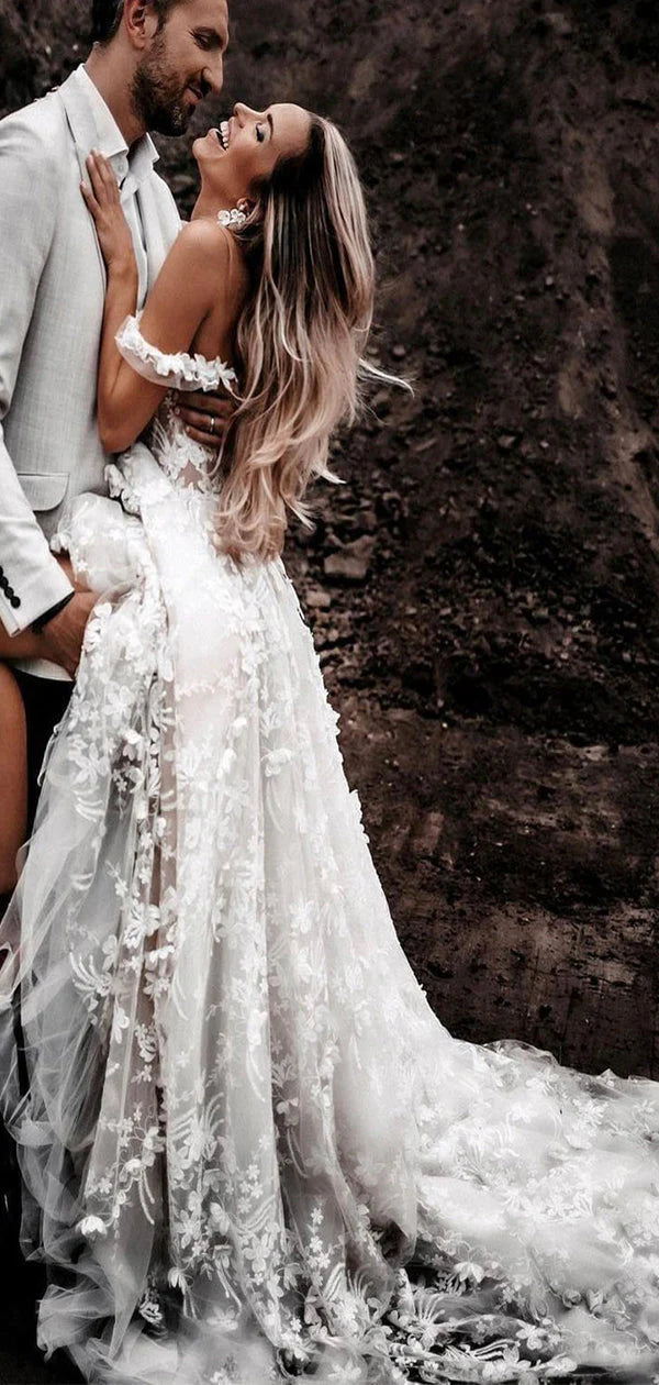 Off the Shoulder A Line Sleeveless Tulle Floral Lace Beach Wedding Dresses