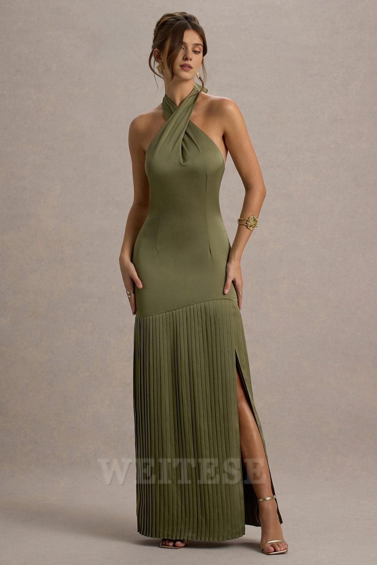 Robe Weitese bordeaux en satin croisé, col licou, robe longue plissée, robe de bal, robe de demoiselle d'honneur à lacets, sans manches, ourlet fendu 