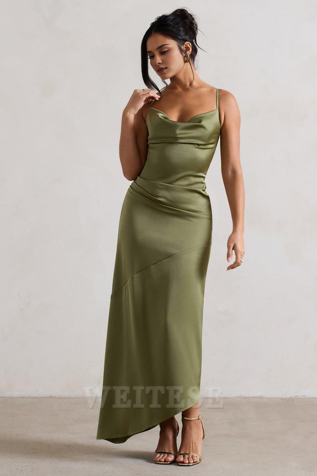 Weitese Dress Lemon Satin Cowl-Neck Asymmetric Maxi Dress Prom Dress Spaghetti Straps Sheath Sleeveless Bridesmaid Dress