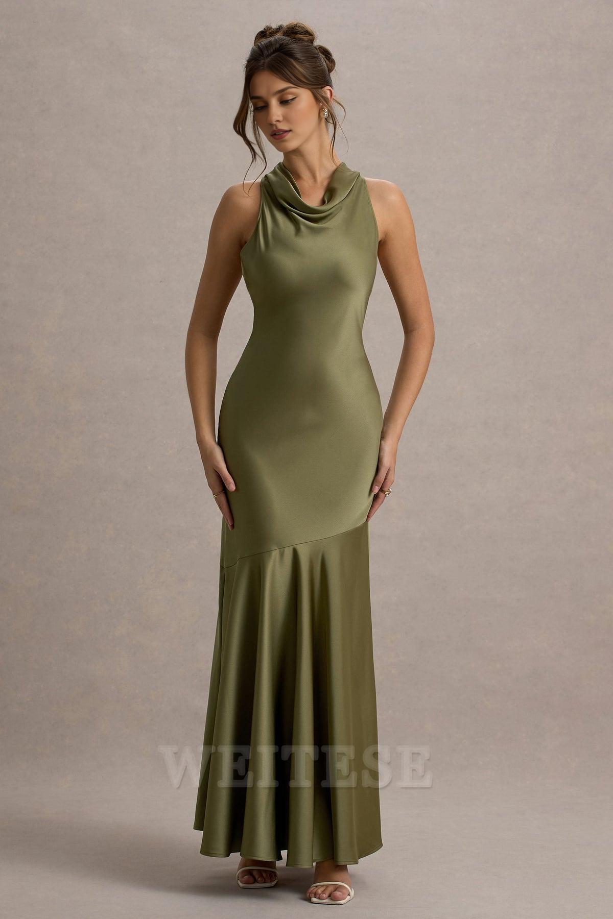 Weitese Dress Lemon Satin Cowl-Neck Maxi Dress Bridesmaid Dress Low Backless Floor Length Sheath Prom Dress