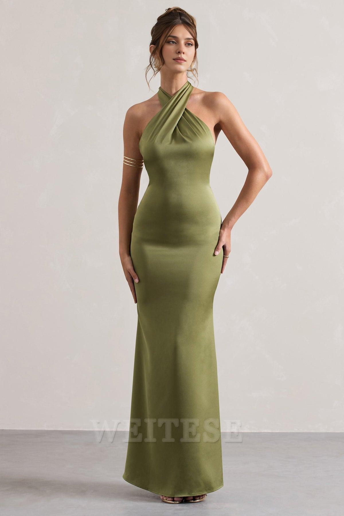 Weitese Dress Mint Green Satin Cross Over Halter-Neck Maxi Dress Prom Dress Low Backless Sleeveless Floor Length Bridesmaid Dress