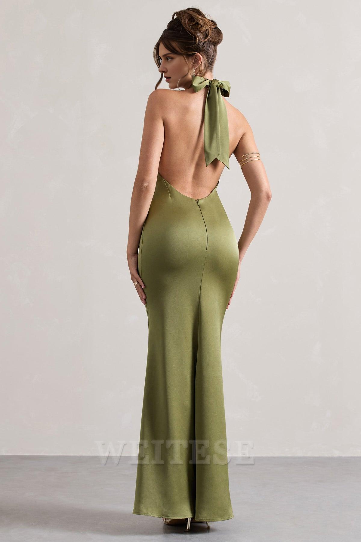 Weitese Dress Mint Green Satin Cross Over Halter-Neck Maxi Dress Prom Dress Low Backless Sleeveless Floor Length Bridesmaid Dress