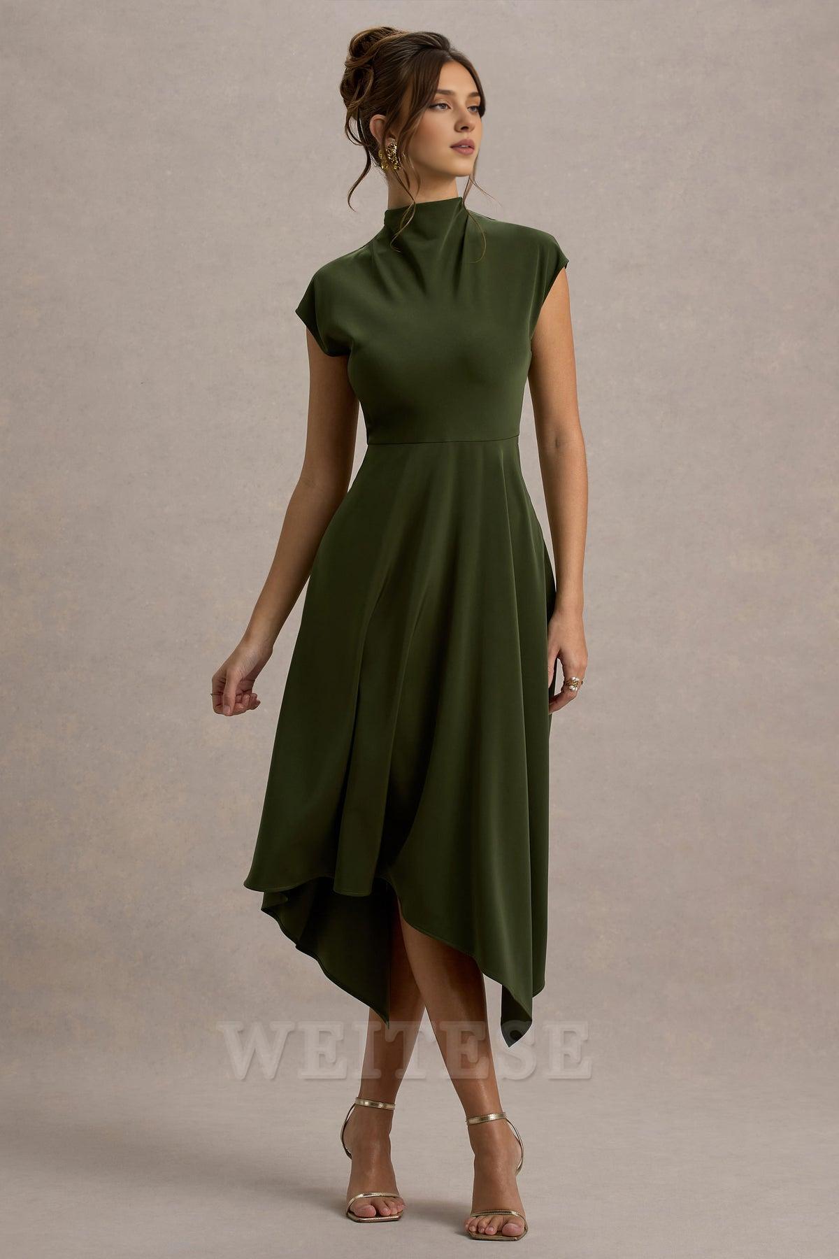 Weitese Dress Light Pink Satin Midi Dress With Draped Hem Bridesmaid Dress Hight Neck A-line Prom Dress