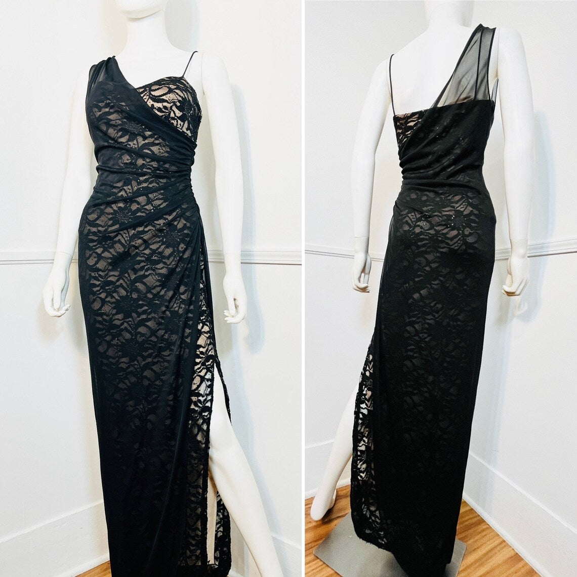 Vestido largo plisado de encaje negro sencillo con tirantes finos y un solo hombro, vestido de fiesta de sirena, vestido formal para mujer 