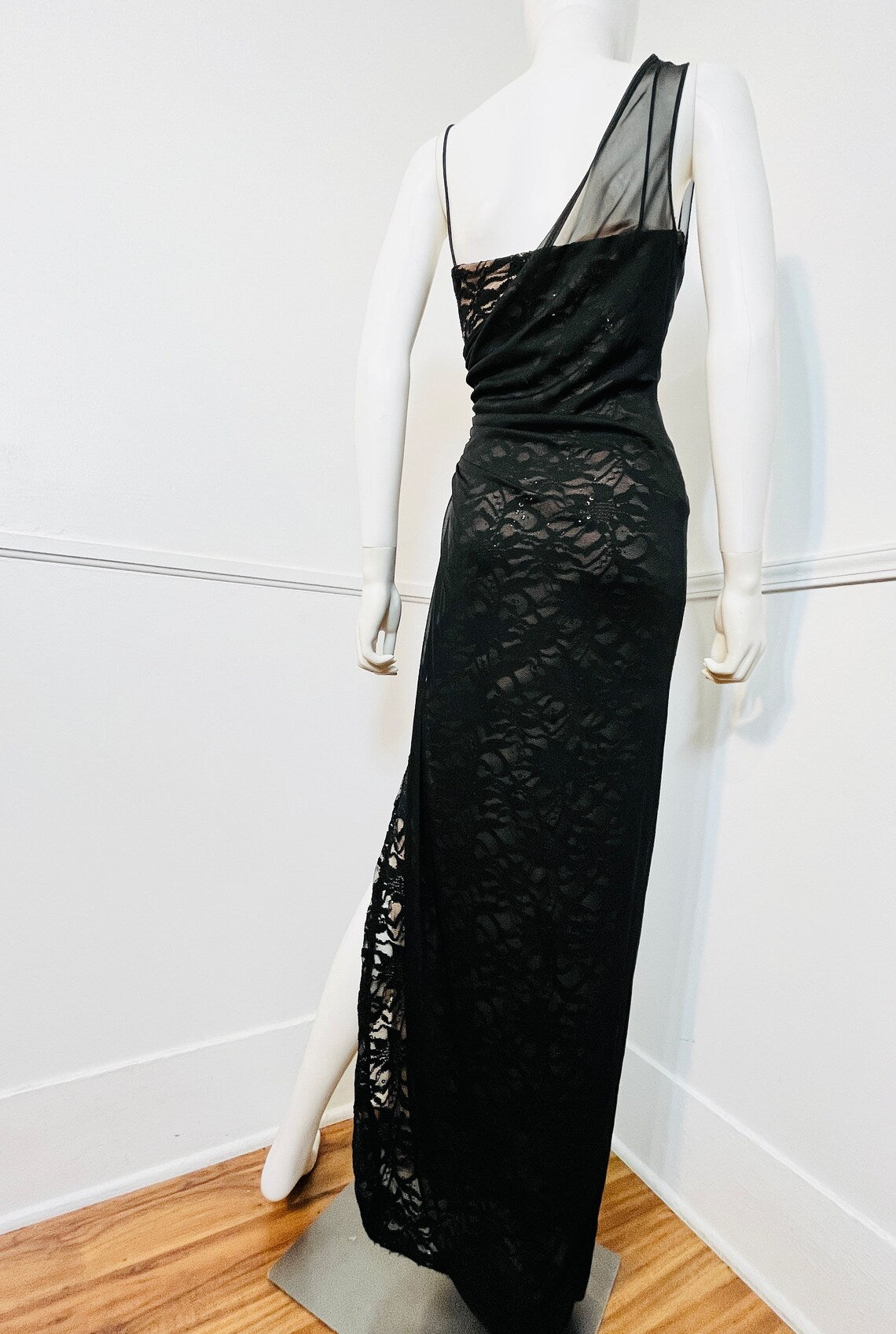 Vestido largo plisado de encaje negro sencillo con tirantes finos y un solo hombro, vestido de fiesta de sirena, vestido formal para mujer 