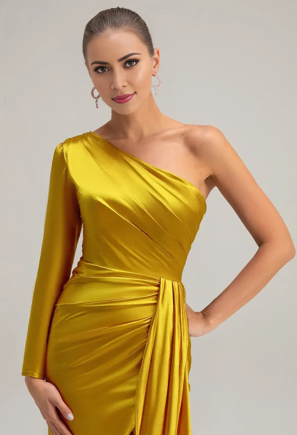 Mermaid One Shoulder Floor Length Prom Dresses Satin Long Sleeves Pleated Bodice Strapless Affordable Satin Evening Dresses