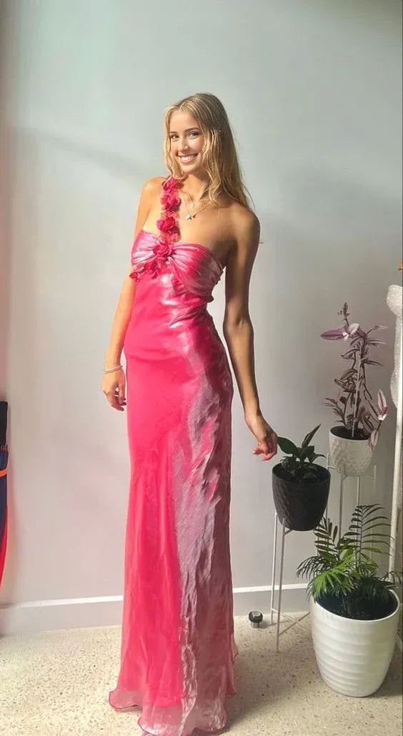 Weitese Formal Women's Dresses Hot Pink One Shoulder Floral Long Party Dress Prom Dress Stores