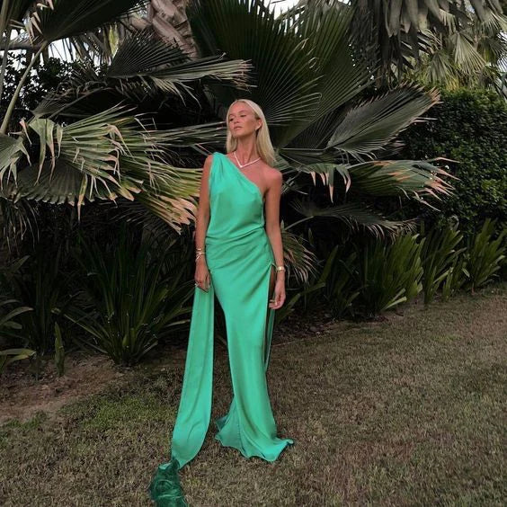 Weitese Formal Women's Dresses Green One Shoulder Long Prom Dress Party Dress with Slit Prom Clothing